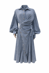 Luzie Waist Tie Denim Maxi Dress - blue