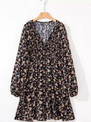 Floral Deep V Neck Smocked Bust Bubble Sleeve Babydoll Dress
