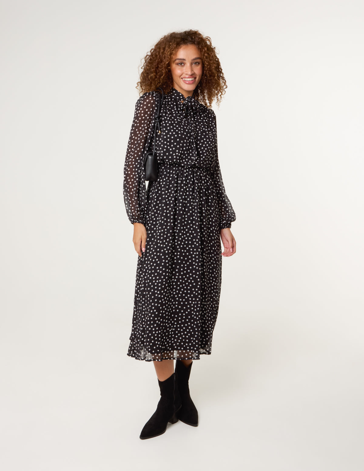 Polka Dot Tie Neck Midi Dress