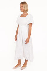 Clo Puff Sleeve Midi Dress - White Broderie