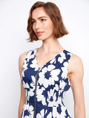 Cotton Voile Printed Front Zip Knee Length Dress in Dahlia Print