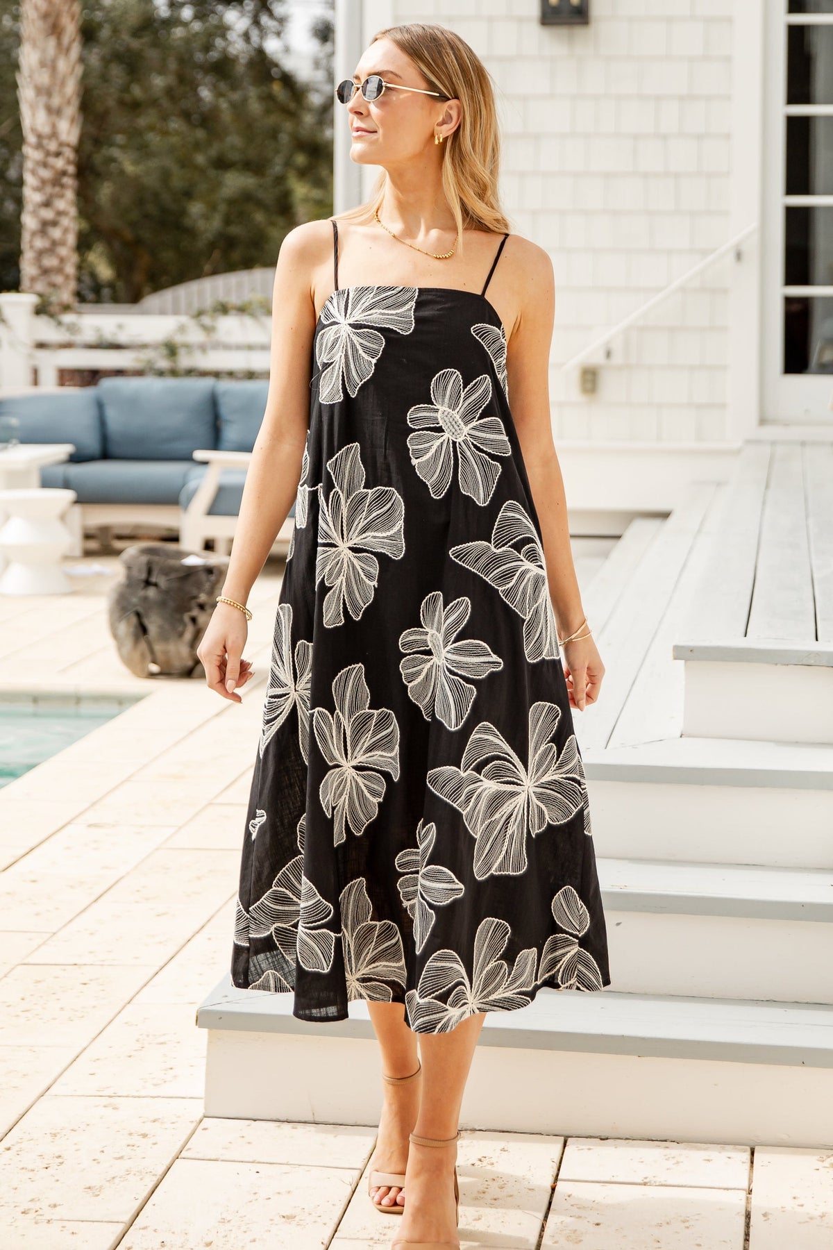 FINAL SALE - Tropical Destination Embroidered Floral Linen Midi Dress