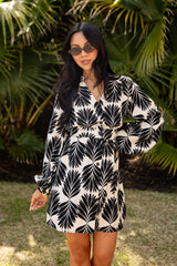 Freely Flowing Black Palm Print Mini Dress