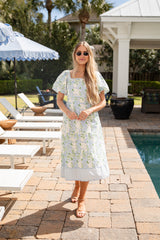 Watercolor Petals Blue Floral Puff Sleeve Maxi Dress