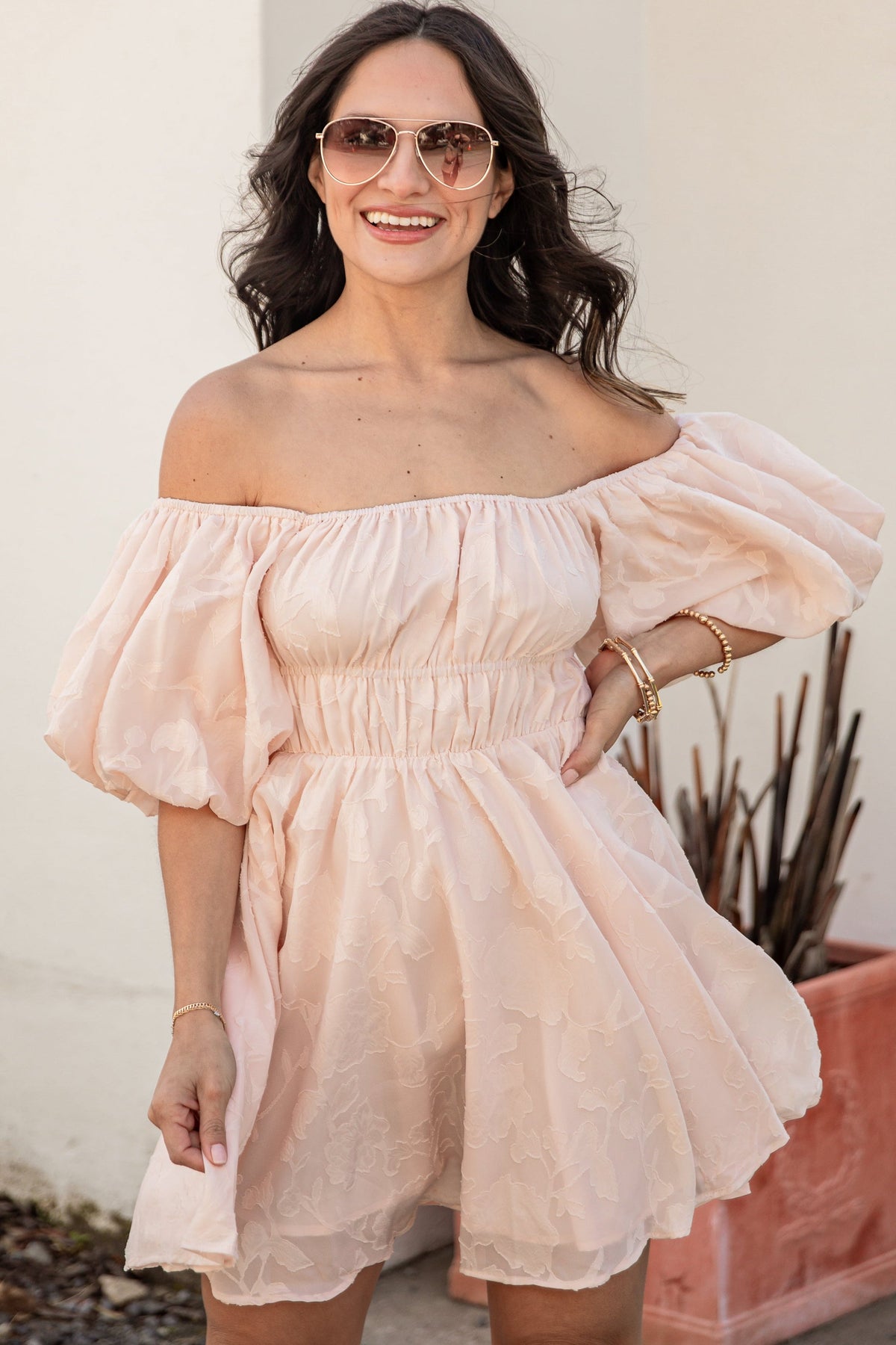 FINAL SALE - Blushing Belle Puff Sleeve Jacquard Mini Dress