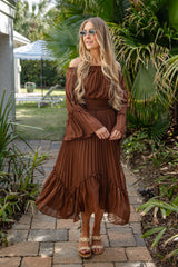 Elegant Charm Pleated Brown Maxi Dress