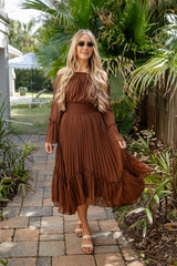 Elegant Charm Pleated Brown Maxi Dress