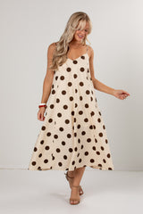 Evening Espresso Cream Polka Dot Midi Dress