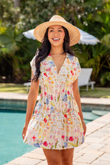 FINAL SALE - Villa Bloom Cream Printed Pleated Mini Dress