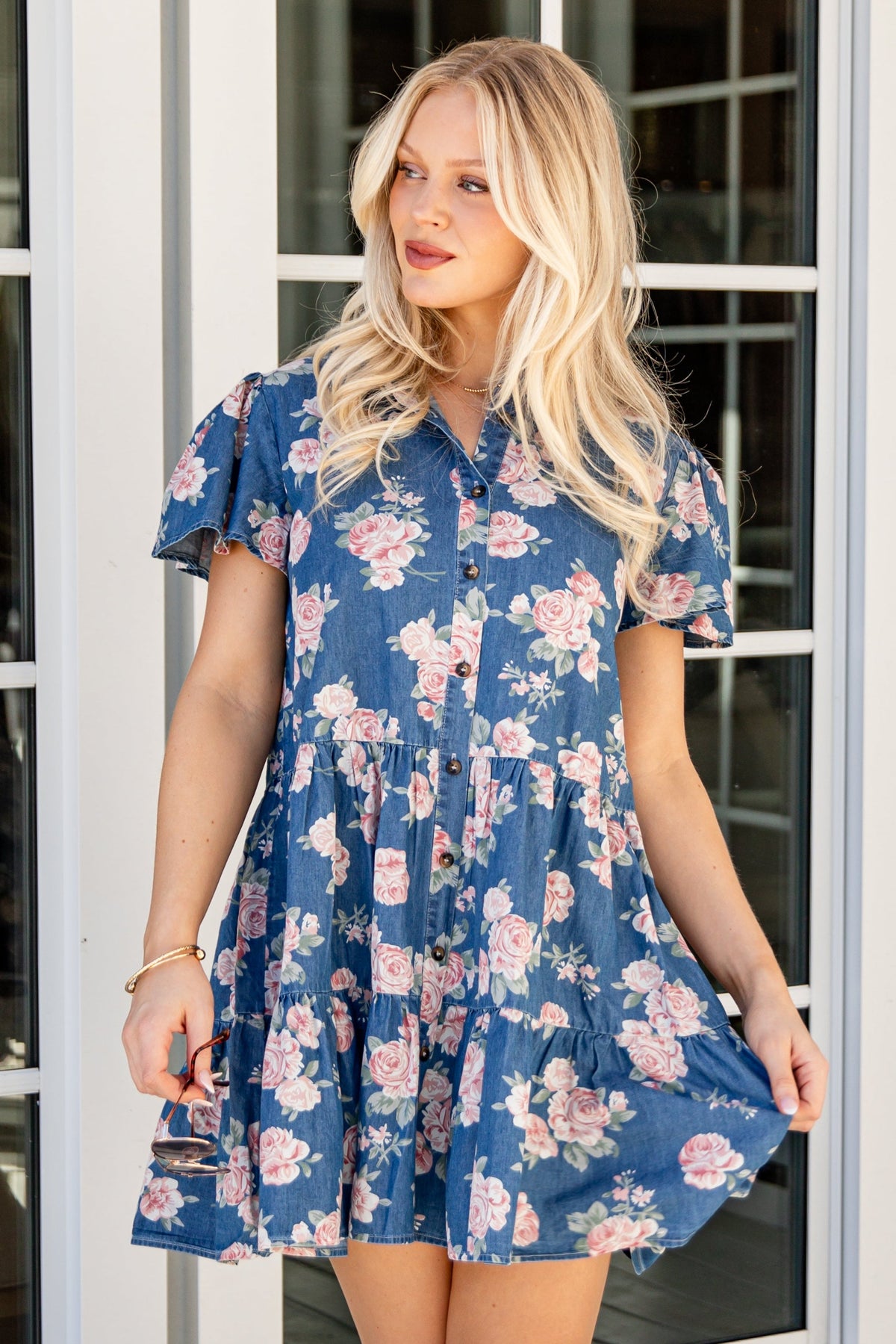 FINAL SALE - In The Air Floral Denim Tiered Mini Dress