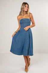 Perfectly Blue Denim Pleated Midi Dress