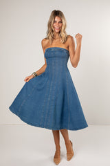 Perfectly Blue Denim Pleated Midi Dress