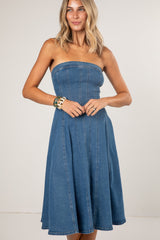 Perfectly Blue Denim Pleated Midi Dress