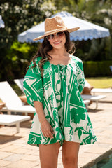 FINAL SALE - Palm Escape Printed Puff Sleeve Green Romper