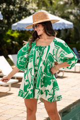 FINAL SALE - Palm Escape Printed Puff Sleeve Green Romper