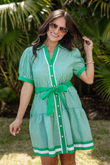 FINAL SALE - Courtside Chic Green Stripe Mini Dress