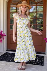 FINAL SALE - Sunny Days Ahead White Lemon Print Midi Dress
