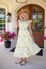 FINAL SALE - Sunny Days Ahead White Lemon Print Midi Dress