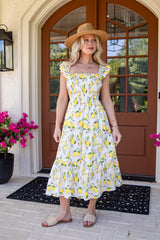 FINAL SALE - Sunny Days Ahead White Lemon Print Midi Dress