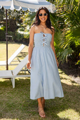 FINAL SALE - Thinking Of You Light Blue Bow Detail Smocked Midi Dress