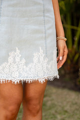FINAL SALE - Country Stage Lace Trim Light Denim Mini Dress