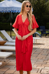 Falling For You Red Puff Sleeve Midi Dress