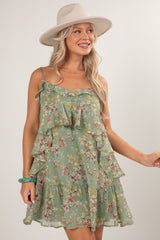 Falling Petals Sage Tiered Mini Dress