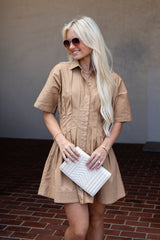 Chestnut Lane Taupe Button-Up Pleated Mini Dress