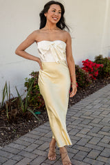 FINAL SALE - Unforgettable Entrance Yellow Bow Satin Midi Dress